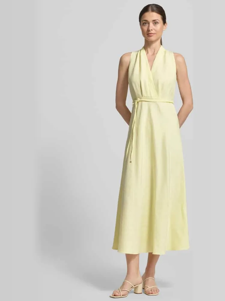 LUISA CERANO Midi-jurk met V-hals en bindceintuur Lichtgeel