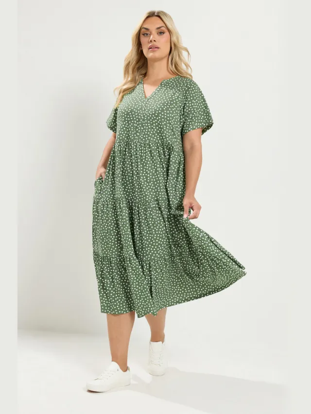 Yours Saliegroene Jurk Met Stippenprint En Gelaagde Rok-52 Green