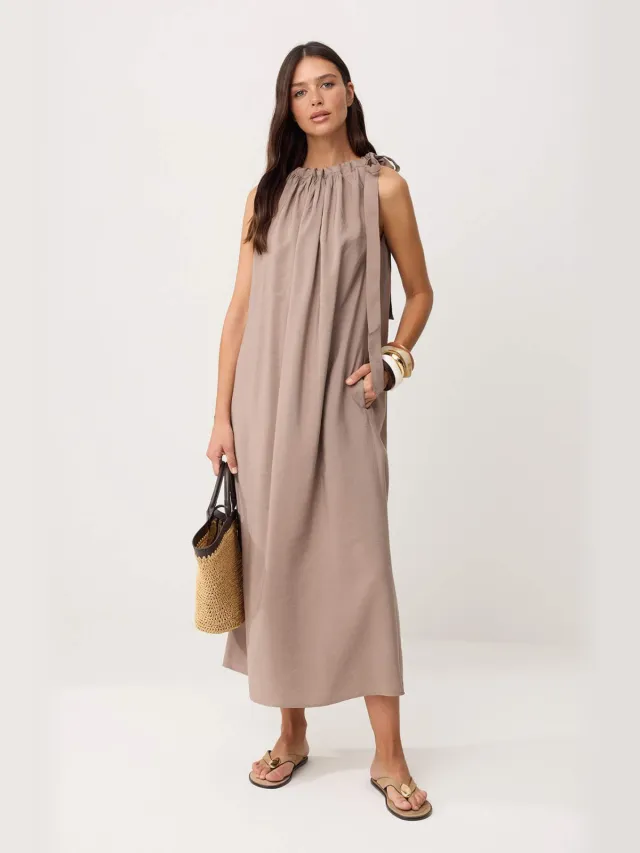 Trendyol TRENDYOLMİLLA Dames Beige Effen Maxi Mouwloos Recht Jurken Taupe