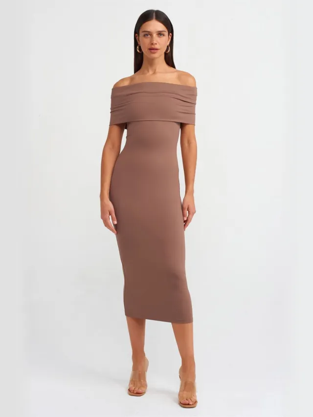Dilvin Off-Shoulder Bodycon Midi Jurk Mokka
