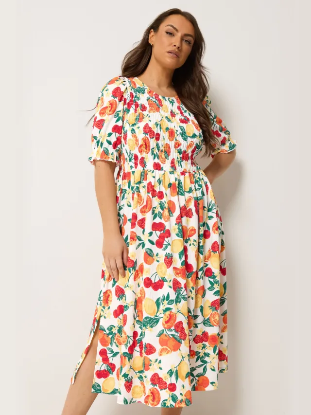 Yours Oranje Jurk Met Smockwerk En Fruitprint-60 Orange