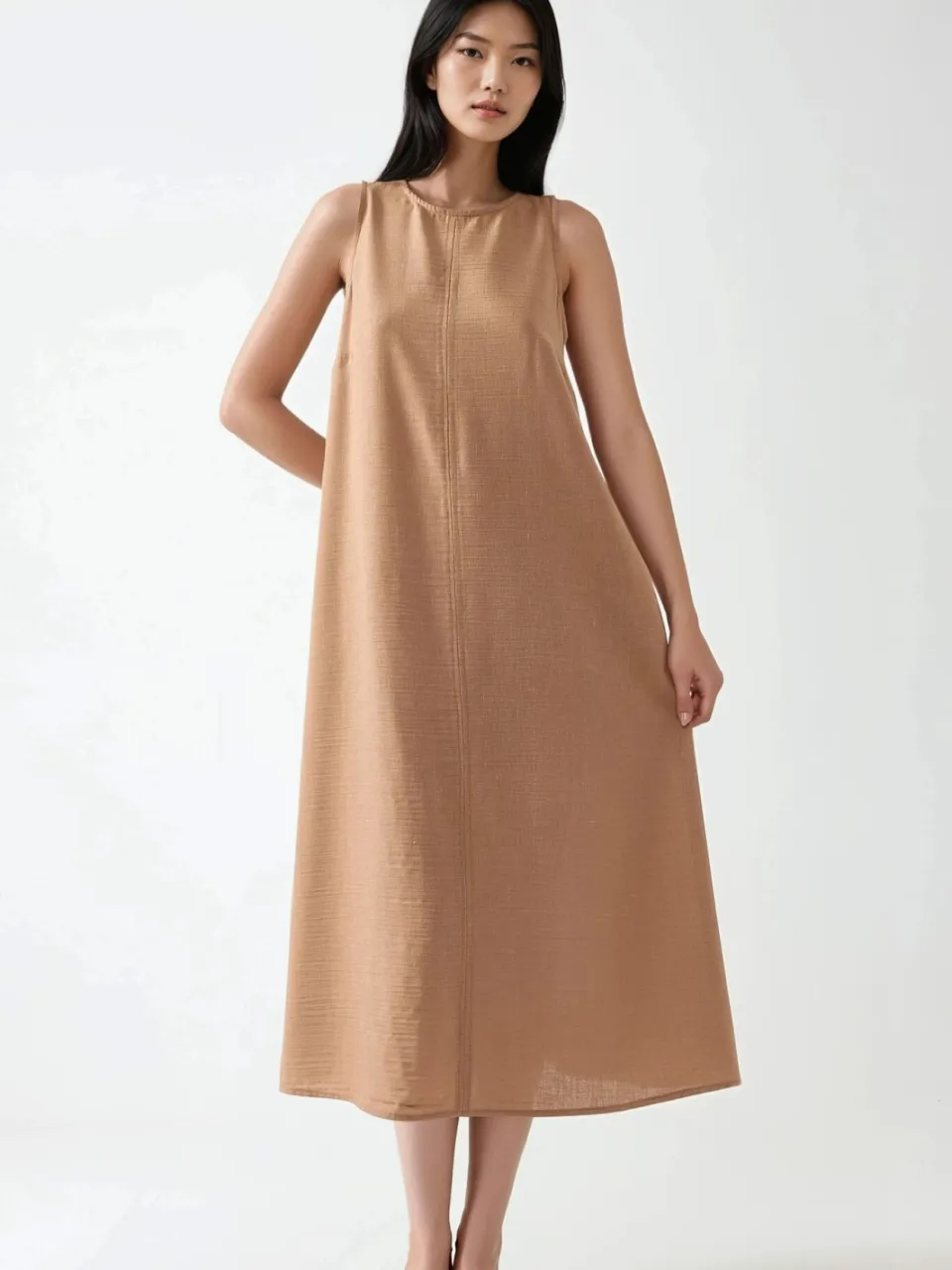 Hiccup Linnenachtig Mouwloos Crew Neck Midi-jurk camel, foto 2