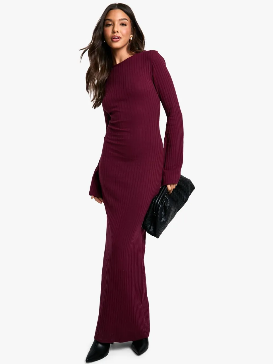 boohoo Dames Wijd geribbelde maxi-jurk met strikband achter en uitlopende mouwen Merlot
