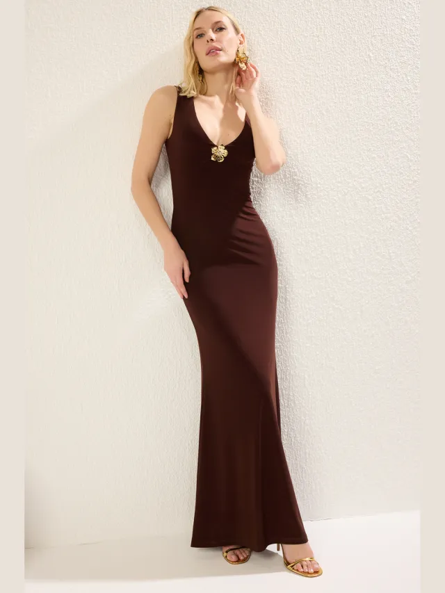 Trendyol TRENDYOLMİLLA Dames Bruin Effen Maxi Mouwloos Diploma-uitreiking / Gala A-lijn Avond & Gala Jurk
