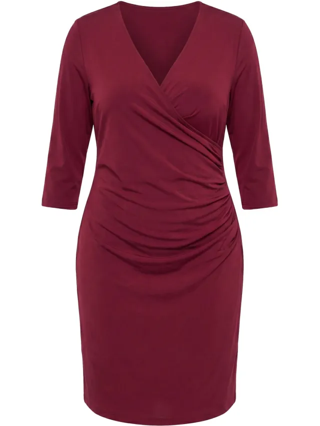 Ulla Popken Dames - Jersey jurk wikkellook V-hals 3/4 mouwen - Donker wijnrood - Maat 46+