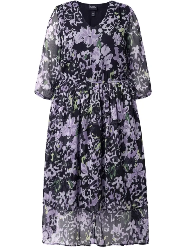 Ulla Popken Dames - Midi-jurk van chiffon bloemen A-lijn V-hals 3/4-mouwen - Lavendel - Maat 62+