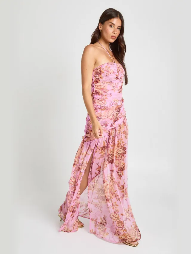boohoo Dames Gebloemde Halternek Maxi Jurk Met Gerimpeld Detail roze, foto 2