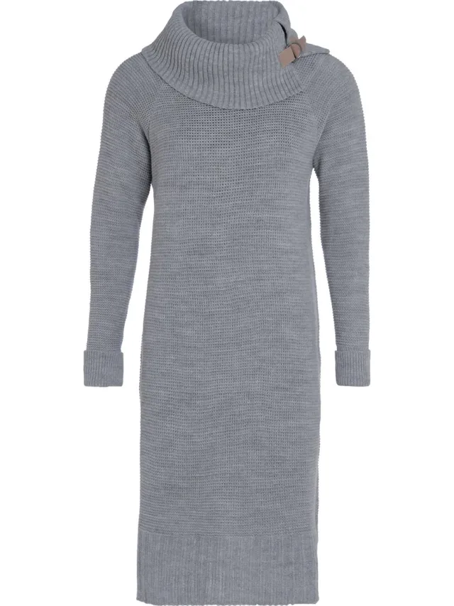 Knit Factory Jamie Gebreide Dames Jurk - Trui jurk dames - Wollen jurk - Herfst- & winterjurk - Wijde jurk - Met warme opstaande kraag - Licht Grijs - 40/42 - Knielengte