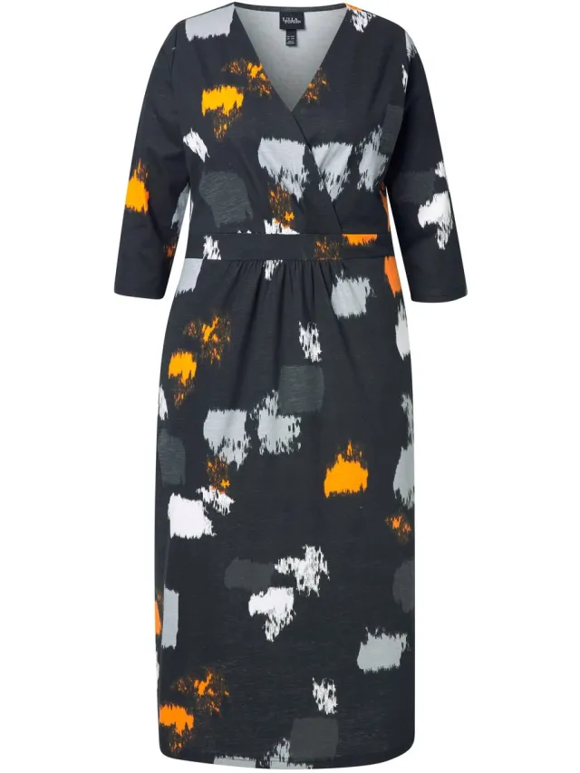 Ulla Popken Dames - Maxi-jurk grafische print V-hals 3/4-mouw - Zwart - Maat 50+