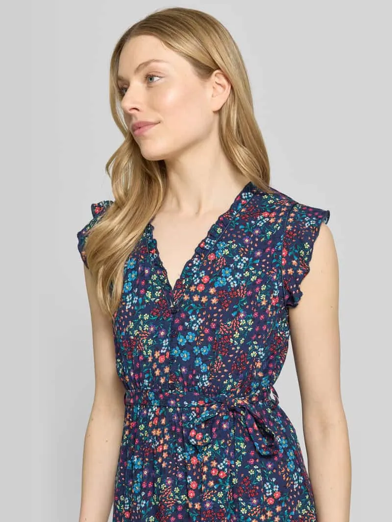 Apricot mini-jurk van pure viscose met een florale all-over print marineblauw, foto 5
