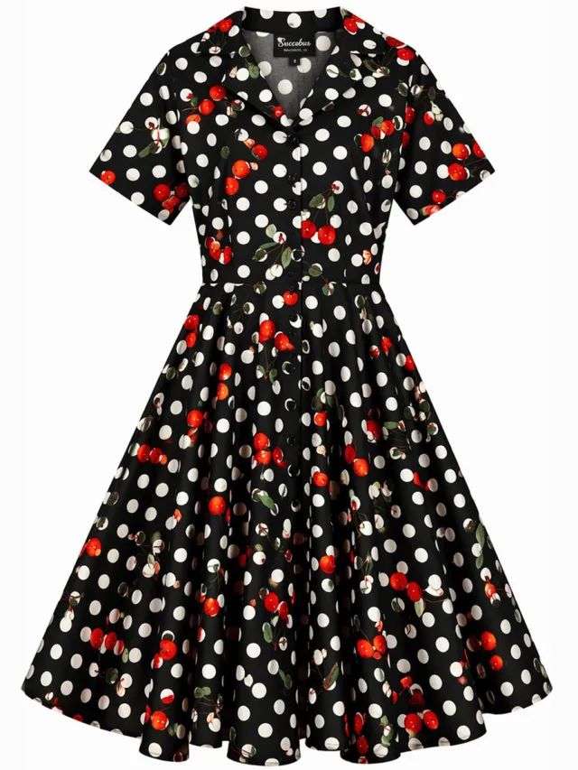 Succubus Clothing Claire Cherry Polkadot 50's Swing Jurk in Zwart
