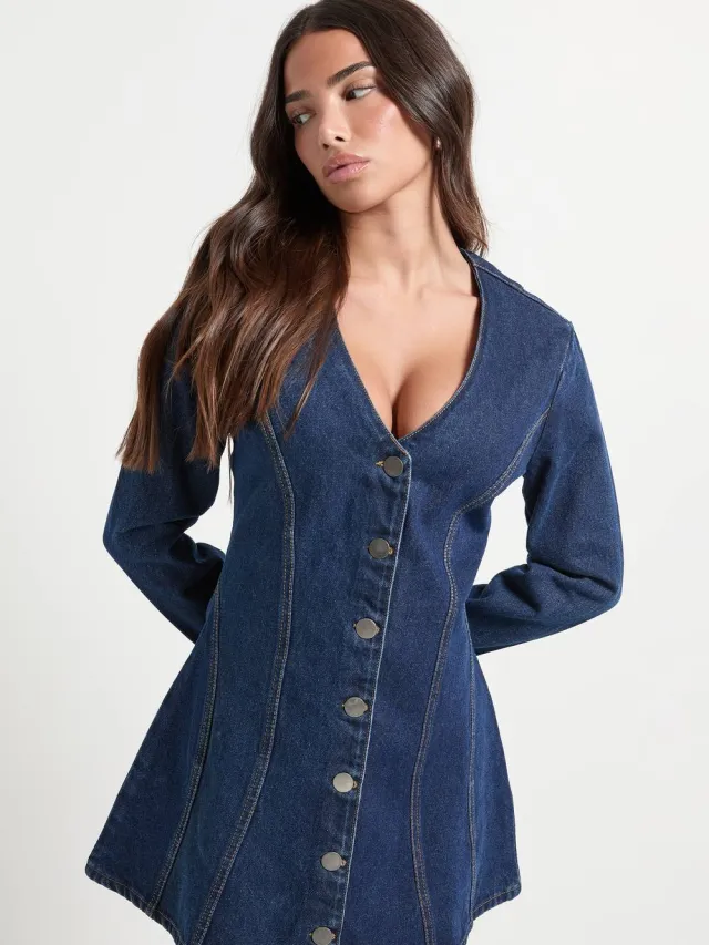 boohoo Dames Petite Flare Mini Jurk met Lange Mouwen Indigo