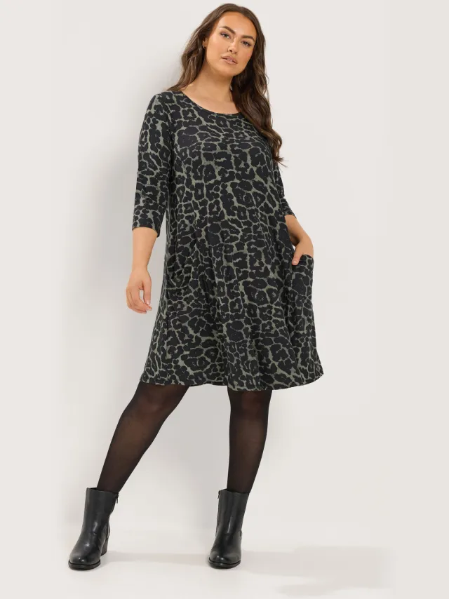 Yours Groene Gedrapeerde Jurk Met Dierenprint En Zakken-56 Black