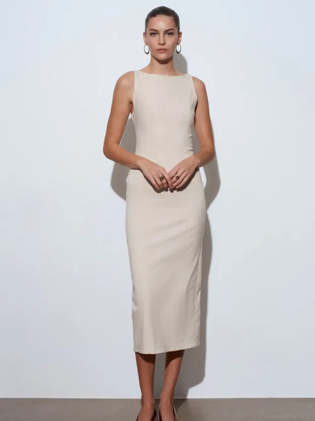 Dilvin Mouwloze Midi Bodycon Jurk met Split Beige