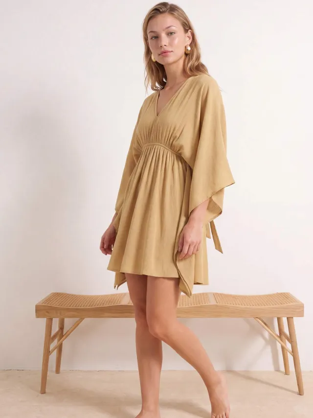 Trendyol TRENDYOLMİLLA Dames Kaki Effen Extra Kort / Super Mini Driekwart mouw Strandkleding Skater Strandjurken