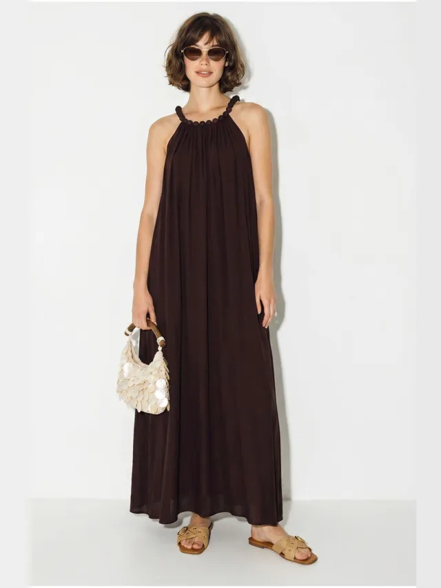 Bianco Lucci Dames Halter Maxi Jurk Met Zak Bruin