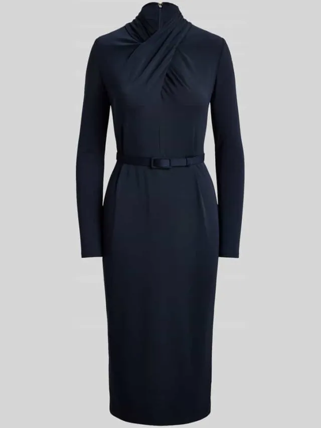 Lauren Ralph Lauren Midi-jurk met gedrapeerde wikkelcol marineblauw, foto 2