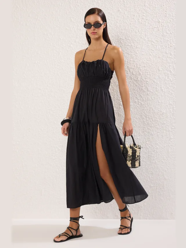 Trendyol TRENDYOLMİLLA Dames Zwart Effen Maxi Mouwloos Strandkleding Skater Strandjurken