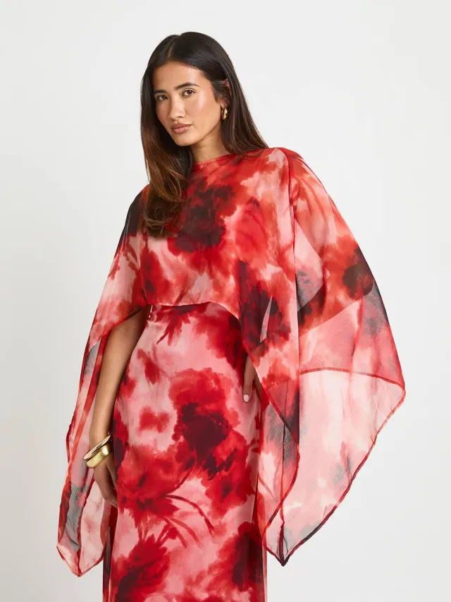 boohoo Dames Chiffon Maxi Jurk Met Bloemenprint En Cape Detail Rood