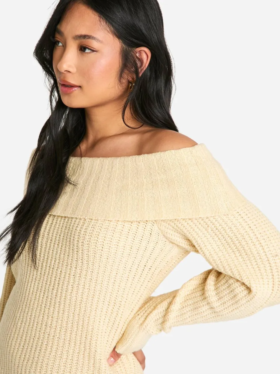 boohoo Dames Petite Wide Rib Bardot Halslijn Mini Jumper Jurk steen, foto 3