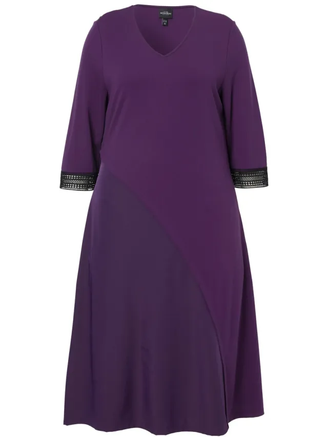 Ulla Popken Dames - Punto jurk A-lijn taft-inzetstuk V-hals 3/4-mouwen - Donker violet - Maat 54+