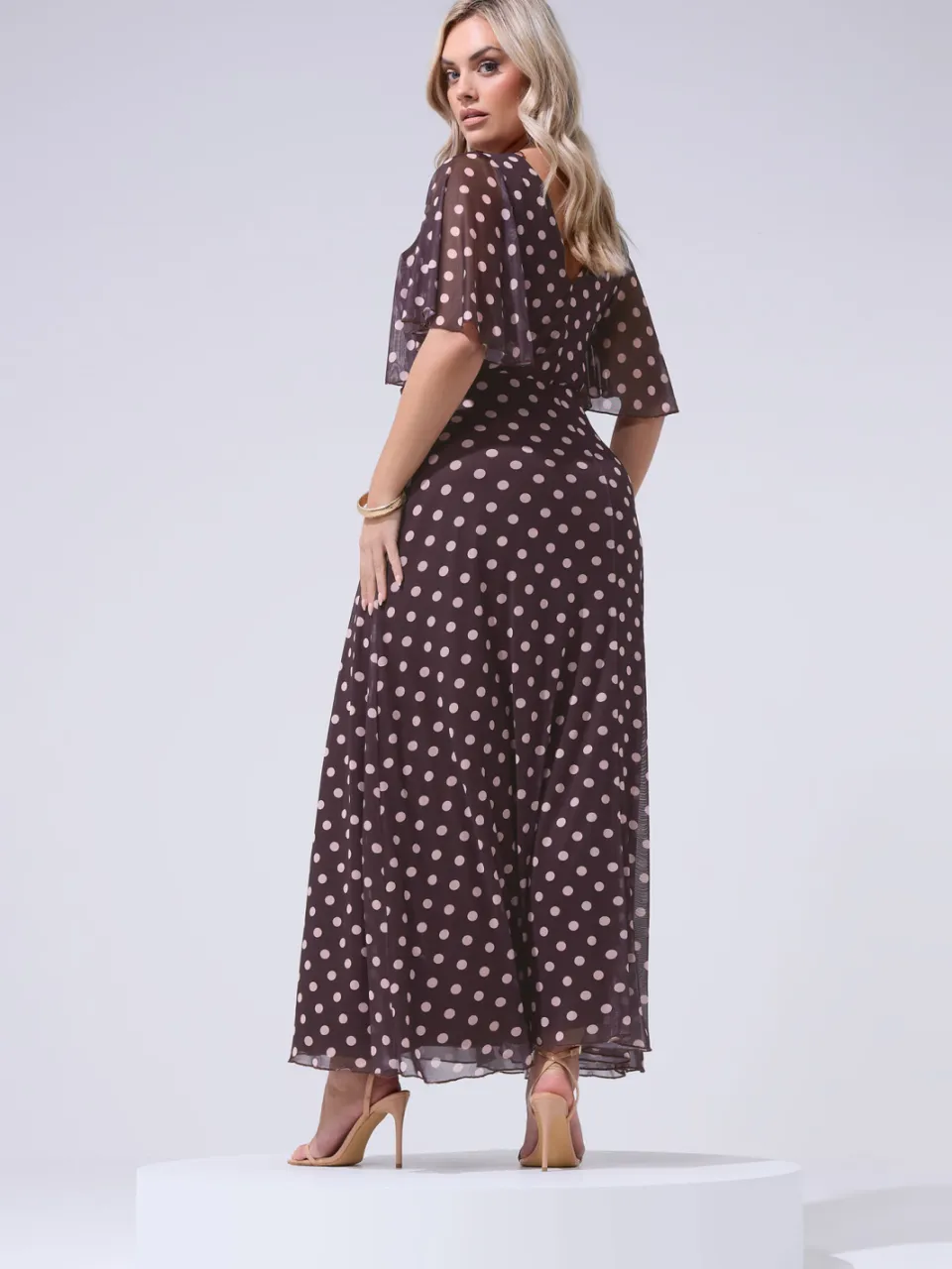 Yours London Chocoladebruinroze Wikkeljurk Met Stippen Size Petite > 44, foto 3