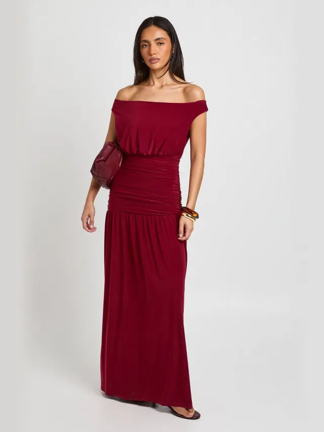boohoo Dames Bardot Maxi Jurk Met Gerimpelde Bovenkant Bessen