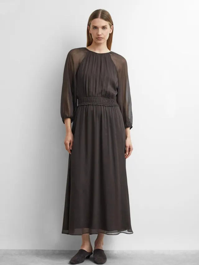 Comma female - Halfdoorzichtige maxi-jurk van chiffon donkerbruin