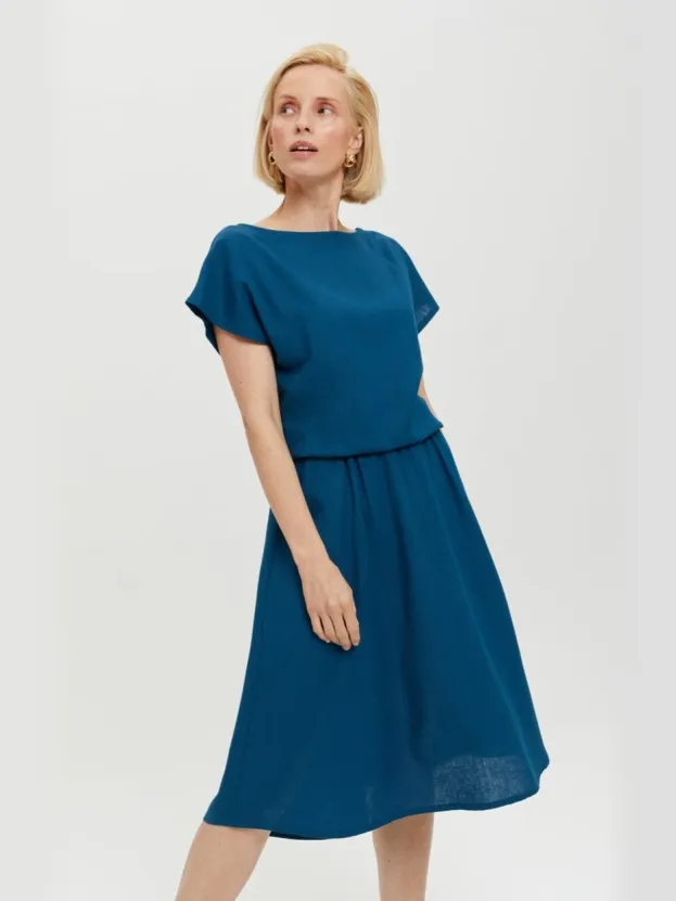 AYANI dames vegan Midi Jurk Nane Korte Mouwen Petrolblauw