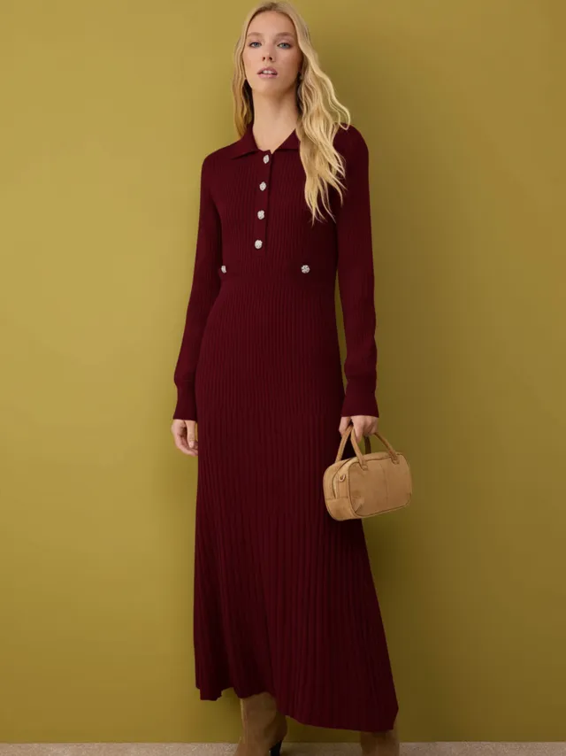 Trendyol Modest Dames Bordeaux Effen Maxi Lang Casual A-lijn Modest Jurken Bordeauxrood