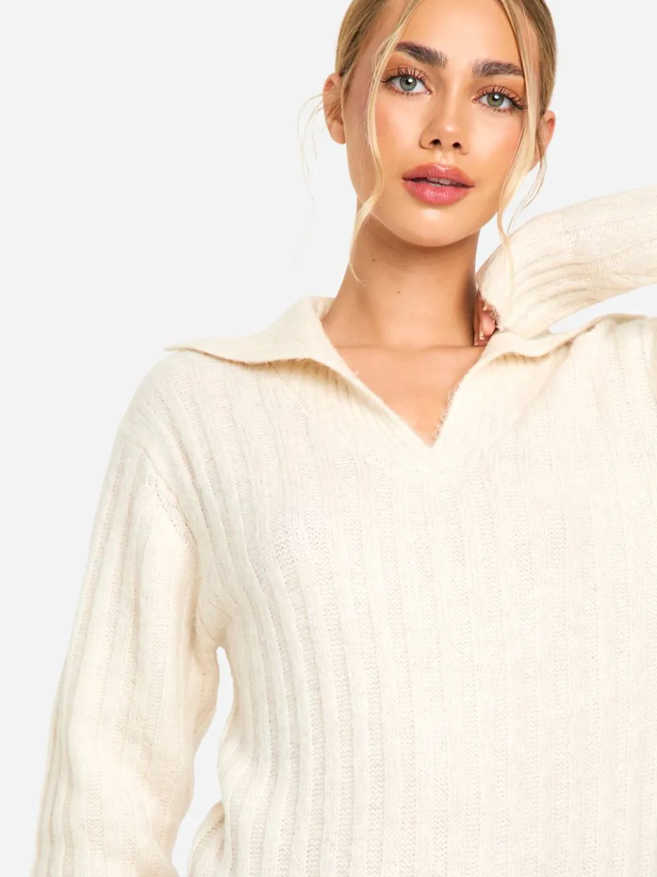 boohoo Dames Zacht gebreide dikke ribkraagdetail midaxi-jurk ecru, foto 3