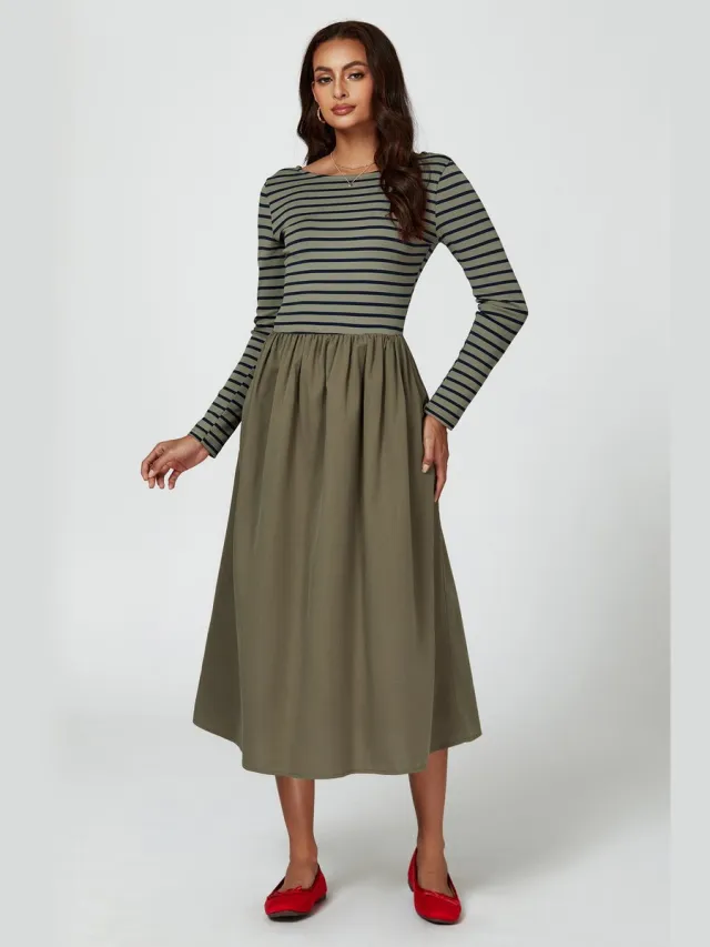 FS Collection Midi-jurk met lange mouwen en strepen in olijfgroen