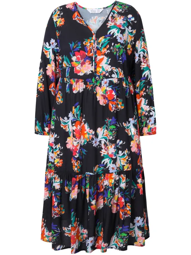 MIAMODA Dames - Midi-jurk bloemenpatroon volant lange mouwen - Zwart
