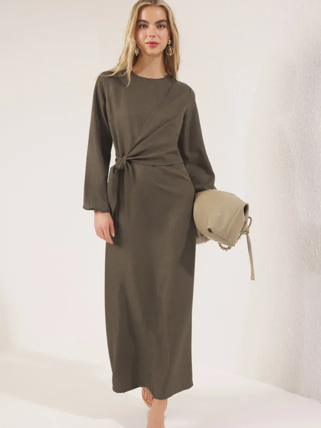 Trendyol Modest Dames Kaki Effen Maxi Lang Casual Double-breasted Modest Jurken