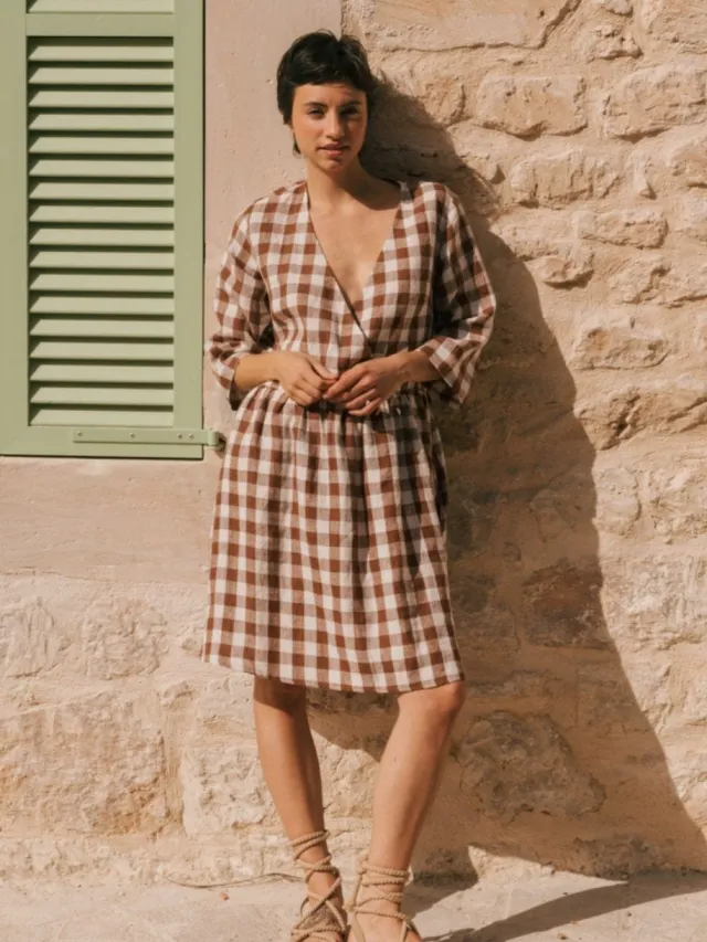 AmourLinen dames vegan Jurk Daphne Mokka Gingham Bruin