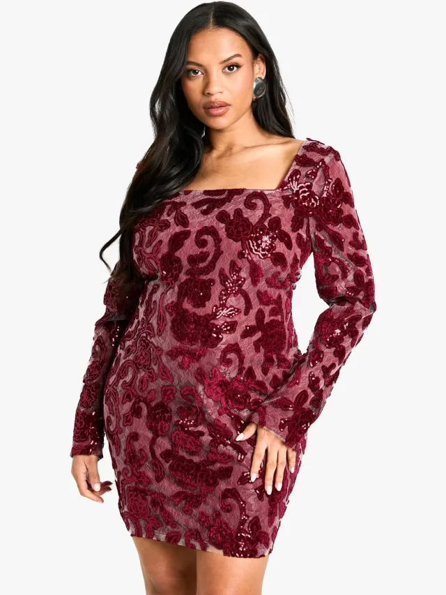 boohoo Dames Plus Demask Square Neck Bodycon Dress Bessen