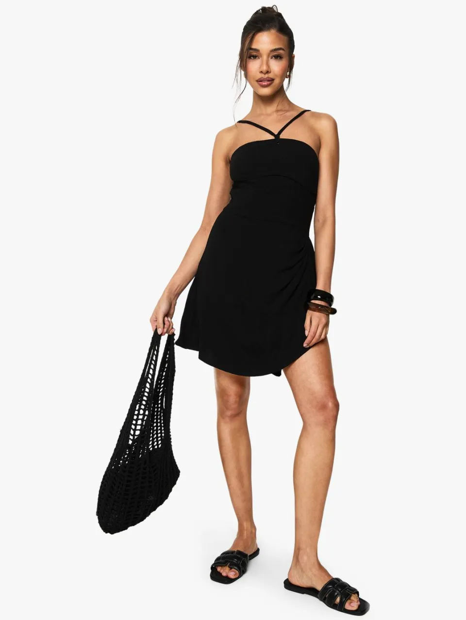 boohoo Dames Linnen-look Drape Wrap Mini Jurk zwart, foto 2