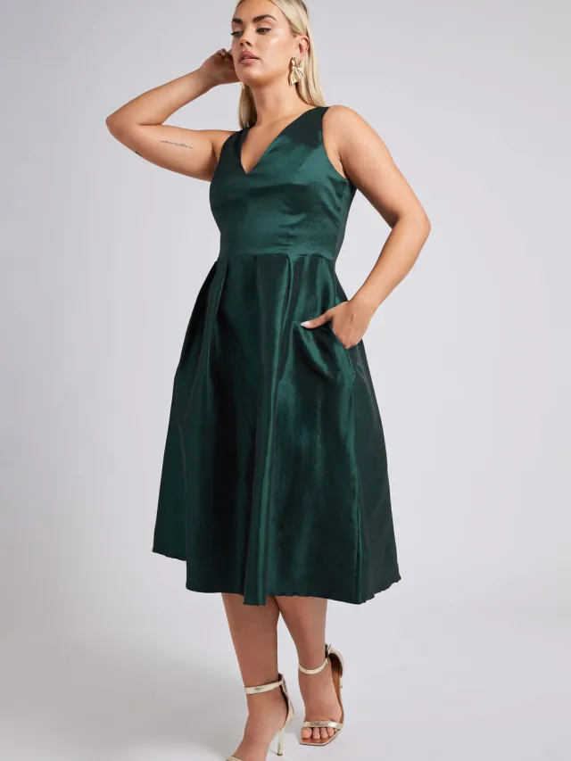 Yours London Midijurk Met Plooidetail En Vhals In Donkergroen Green