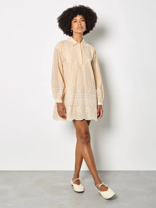 Apricot Katoenen swing-minijurk met broderie anglaise Steen