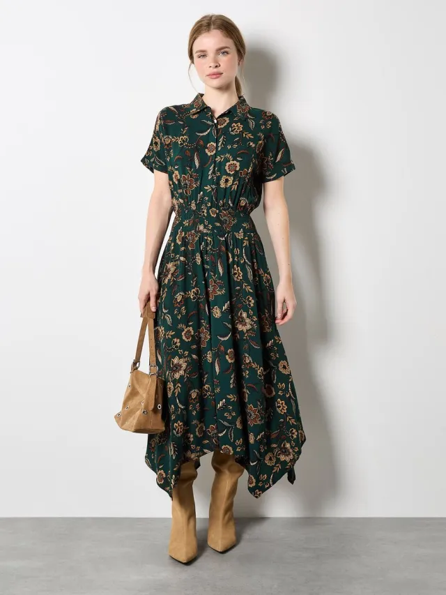 Apricot Sarasa bloemenprint shirt-midi-jurk Groen