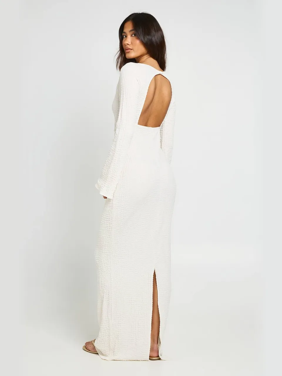 boohoo Dames Getextureerde Maxi-jurk Met Open Rug En Uitlopende Mouwen ivoor, foto 2