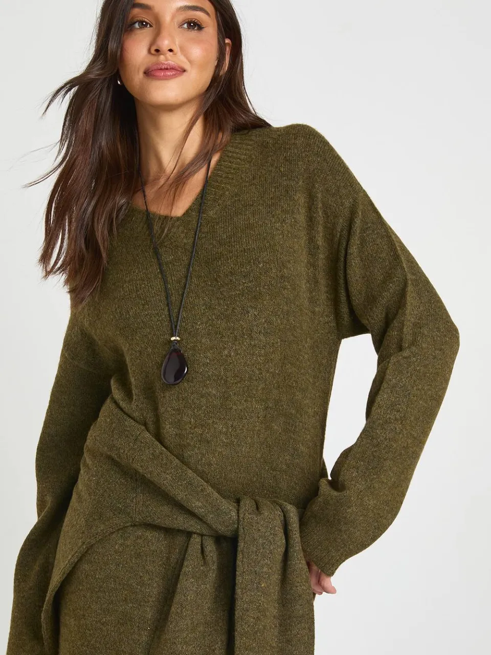 boohoo Dames Gebreide Maxi Jurk Met V-hals En Lange Mouwen olijf, foto 4