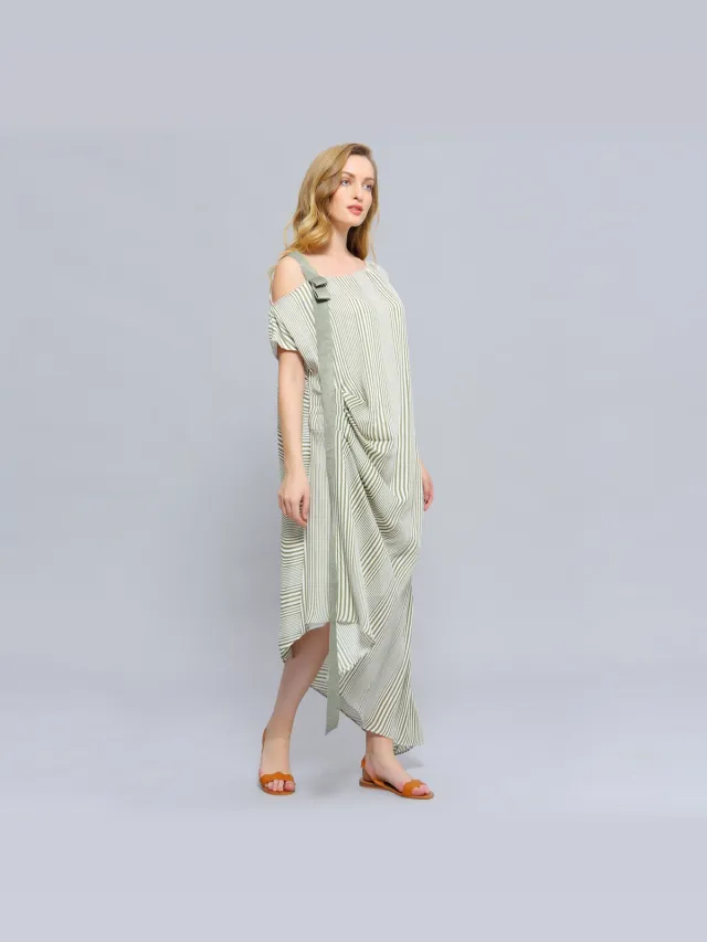 Smart & Joy Asymmetrische gedrapeerde streepprint midi -jurk Groen