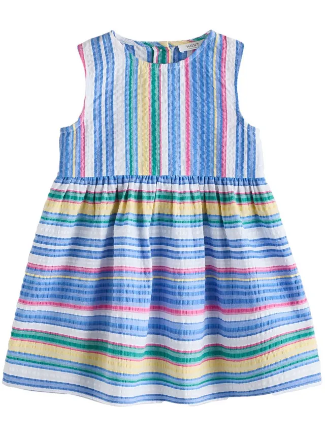 Next Meisjes - Mouwloze katoenen jurk - Blauw Multi Stripe