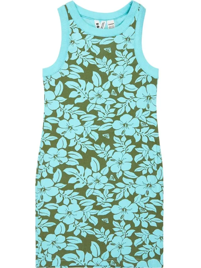 Roxy Iconic Days Printed Rg Mouwloze Jurk Groen 14 Years Meisje Oil Green The Mo Mini Rg