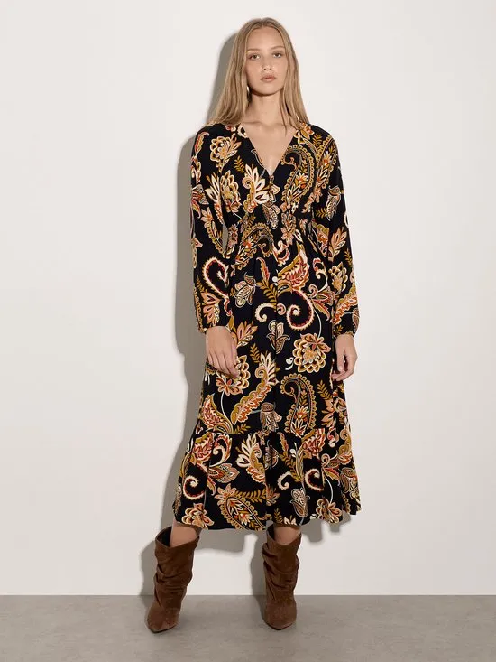 Apricot Midi-jurk van crêpe met folkloristische bloemenprint Zwart