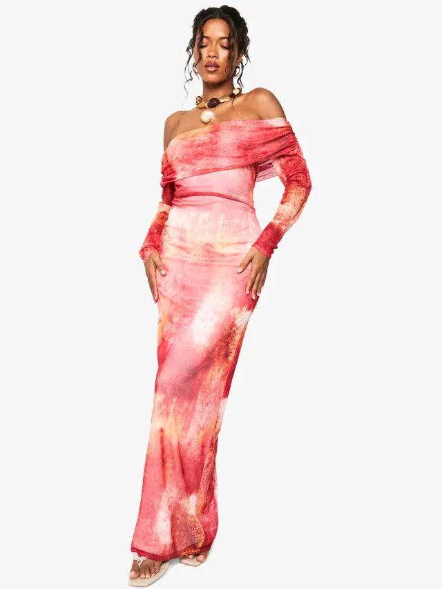 boohoo Dames Vervaagde Abstracte Bardot Maxi-jurk Roze