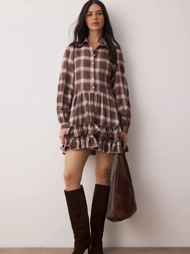Trendyol TRENDYOLMİLLA Dames Bruin Geruit Kort / Mini Lang Casual Blousejurk Jurken