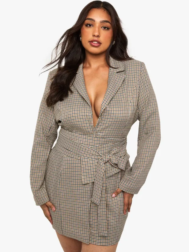 boohoo Dames Plus Obi Check Blazer Jurk Steen