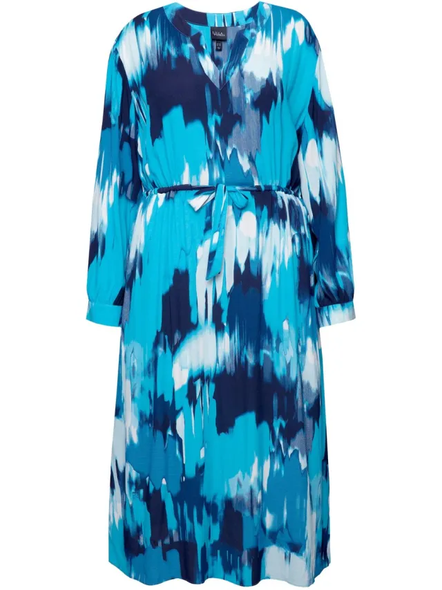 Ulla Popken Dames - Maxi-jurk crêpe oversized tuniekhals lange mouwen - Aquamarine - Maat 46+